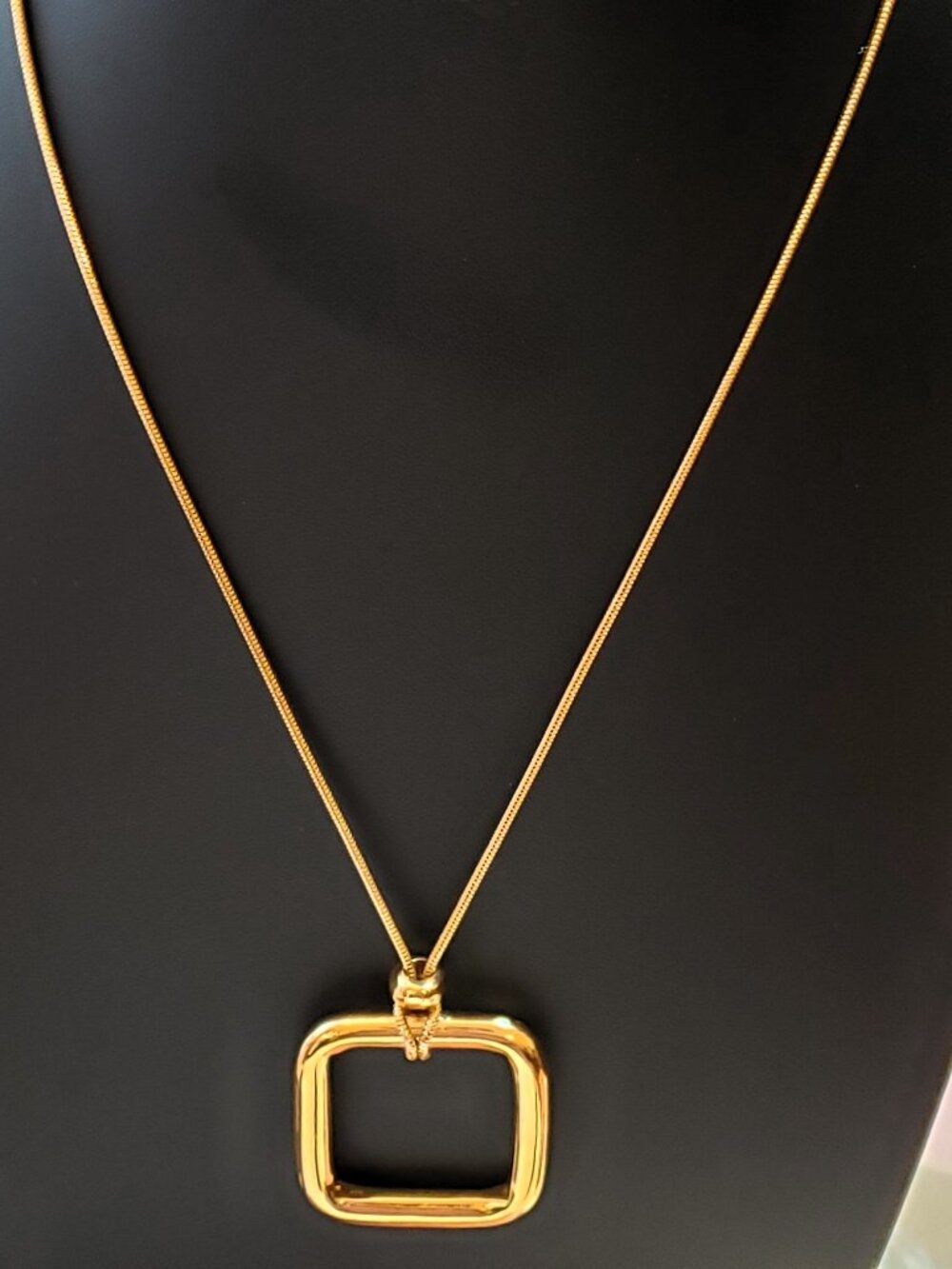 St. John Vintage Gold-Tone Open Square Pendant Necklace w/ SJ Logo Charm